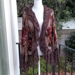 Ethos Kimono Women's L Bohemian Open Brown Floral Print Lace details